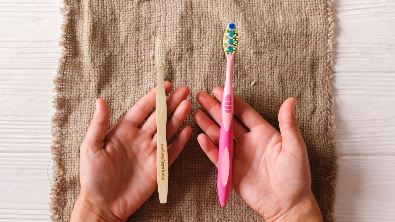 wooden toothbrush by brush with bamboo vs plastic toothbrush